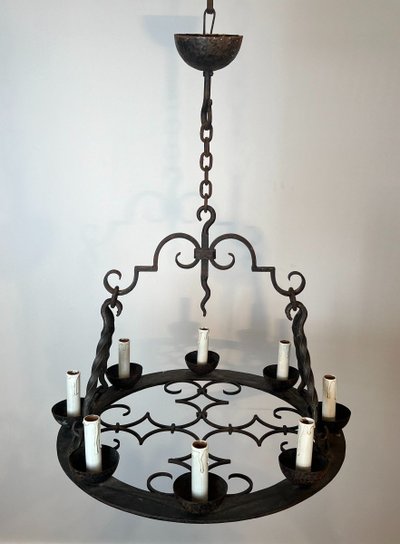 8-light round wrought iron chandelier. French Gothic work. Circa 1940
