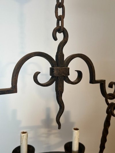 8-light round wrought iron chandelier. French Gothic work. Circa 1940