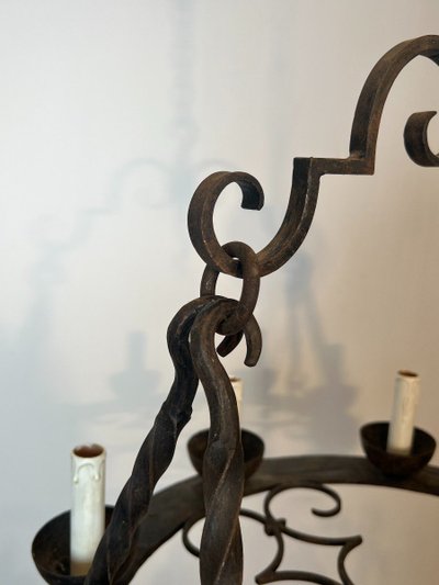 8-light round wrought iron chandelier. French Gothic work. Circa 1940