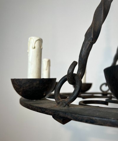 8-light round wrought iron chandelier. French Gothic work. Circa 1940