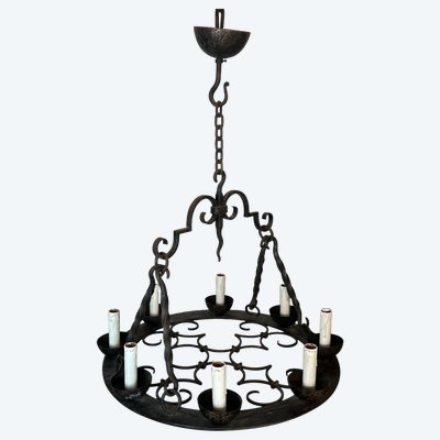 8-light round wrought iron chandelier. French Gothic work. Circa 1940