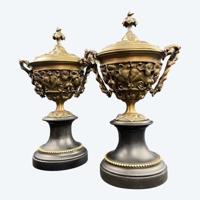 Pair of bronze cassolettes with foliage on marble base 19th century Napoleon III
