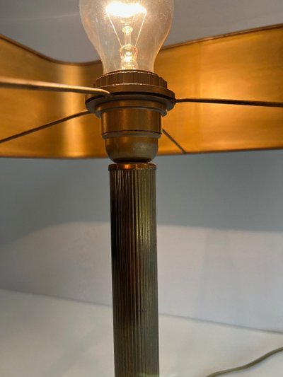 Lampe De Bureau En Cuir Marron Et Laiton. French work in the style of Jacques Adnet