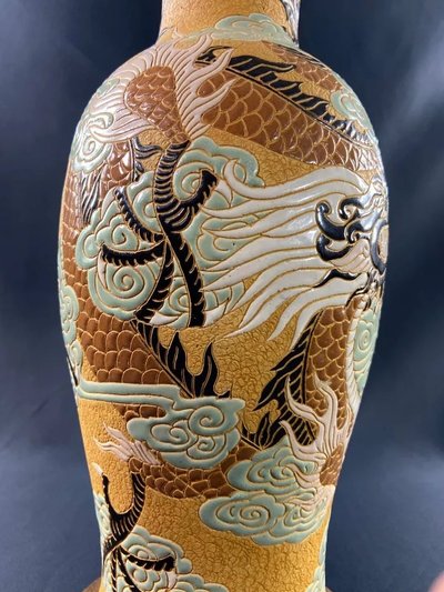 Very large BIEN HOA stoneware dragon lamp on yellow background Vietnam