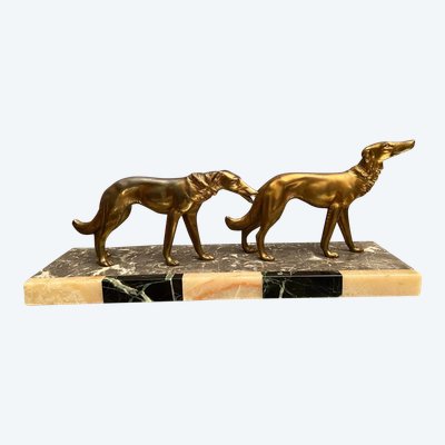 Large Art Deco sculpture of greyhounds on onyx signed Salvatore MELANI 1902-1934