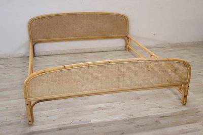 Letto matrimoniale vintage in bambù e paglia di Vienna, anni '80