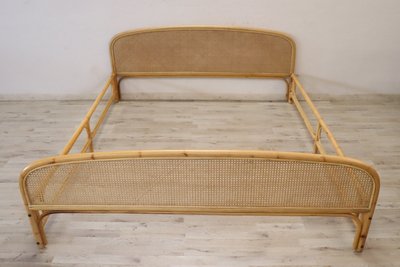 Letto matrimoniale vintage in bambù e paglia di Vienna, anni '80
