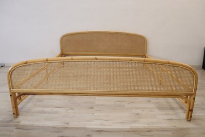 Letto matrimoniale vintage in bambù e paglia di Vienna, anni '80
