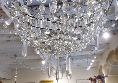 Lampadario Corbeille Cristal Taillé Pampilles Guirlandes XIXème Siècle