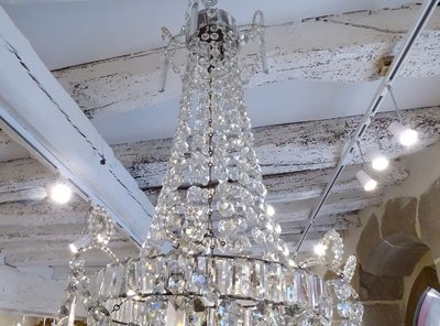 Lampadario Corbeille Cristal Taillé Pampilles Guirlandes XIXème Siècle