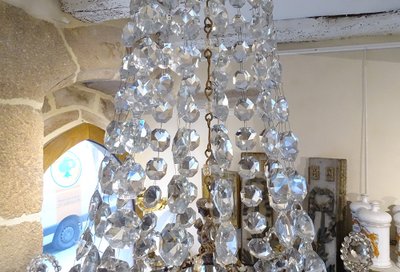 Lampadario Corbeille Cristal Taillé Pampilles Guirlandes XIXème Siècle
