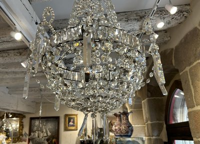 Lampadario Corbeille Cristal Taillé Pampilles Guirlandes XIXème Siècle