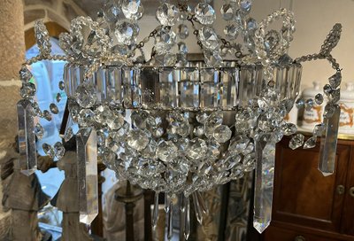 Lampadario Corbeille Cristal Taillé Pampilles Guirlandes XIXème Siècle