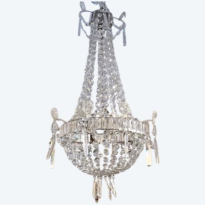 Lampadario Corbeille Cristal Taillé Pampilles Guirlandes XIXème Siècle