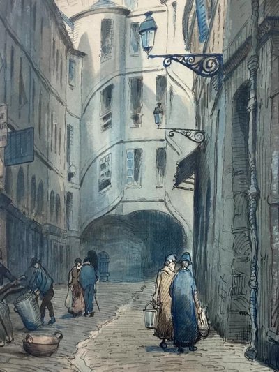 Aquarell signiert Charles Forget 1886-1960 La cour du dragon 1925 Paris VIe