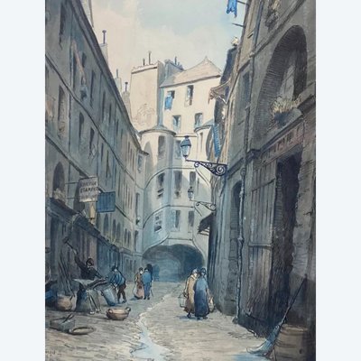 Aquarell signiert Charles Forget 1886-1960 La cour du dragon 1925 Paris VIe