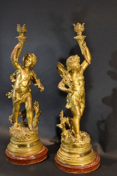 Paar Kerzenhalter Aus Bronze, Ernest Rancoulet (Bordeaux 1842 - 1905) Signatur