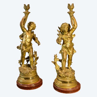 Paar Kerzenhalter Aus Bronze, Ernest Rancoulet (Bordeaux 1842 - 1905) Signatur