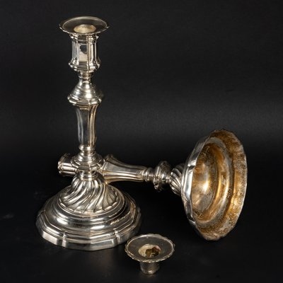 Pair of silver-plated bronze candlesticks with cut-off shafts Régence period circa 1720