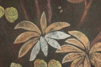 Bemaltes Leinwandbild mit Tieren vor einem exotischen Hintergrund. Zeitgenössisch. LS61291089I