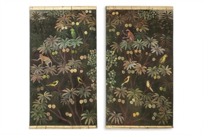 Bemaltes Leinwandbild mit Tieren vor einem exotischen Hintergrund. Zeitgenössisch. LS61291089I