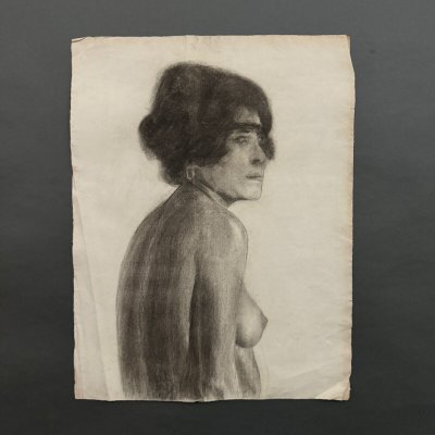 Fusain dessin des Beaux-Arts buste de femme nue par Berger-Lheureux