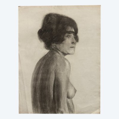 Fusain dessin des Beaux-Arts buste de femme nue par Berger-Lheureux