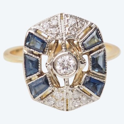 Bague ancienne en or jaune, saphirs et diamants