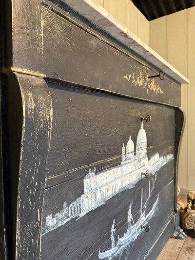 19th century Italian chest of drawers (view of Venice) repatinated with marble