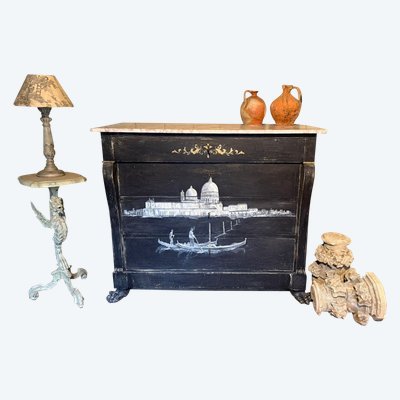 19th century Italian chest of drawers (view of Venice) repatinated with marble