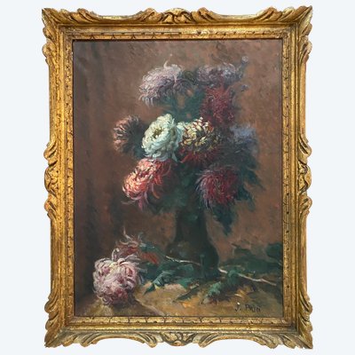 Huile sur toile Bouquet de fleurs par Jeanne Prin XXème siècle  