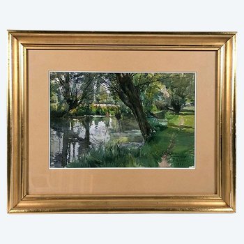 Paul Lippe (1866-1926). The Ouche under the willows, watercolor 1924