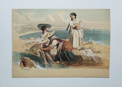  Italienische Frauen, alte Aquarell-Lithographie, 19. Jahrhundert