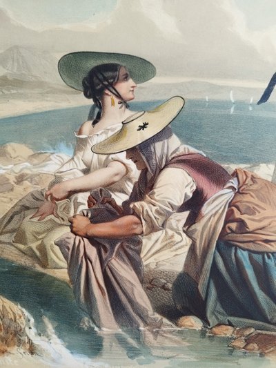  Italienische Frauen, alte Aquarell-Lithographie, 19. Jahrhundert