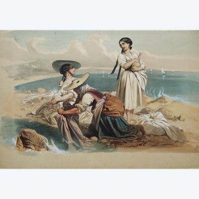  Italienische Frauen, alte Aquarell-Lithographie, 19. Jahrhundert