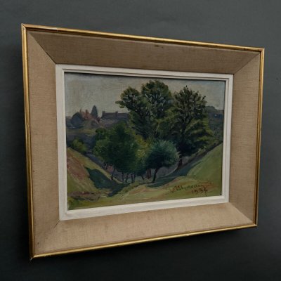 Olio su cartone di Mereau 1936 raffigurante un boschetto di alberi
