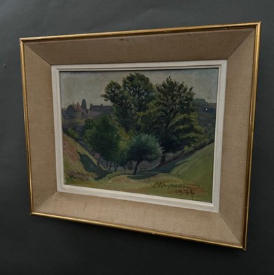Olio su cartone di Mereau 1936 raffigurante un boschetto di alberi