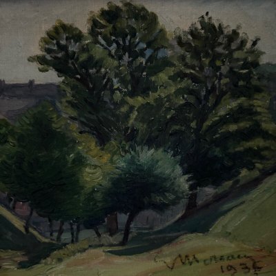 Olio su cartone di Mereau 1936 raffigurante un boschetto di alberi