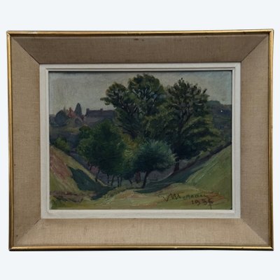 Olio su cartone di Mereau 1936 raffigurante un boschetto di alberi