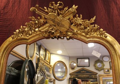 114 X 177 Cm Large Antique Mirror, Gold Leaf Gilding, Violin Decor, Musical Attributes