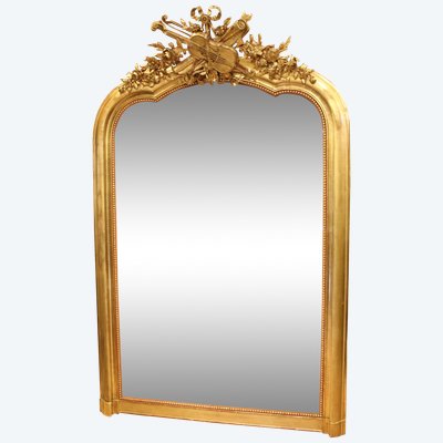114 X 177 Cm Large Antique Mirror, Gold Leaf Gilding, Violin Decor, Musical Attributes