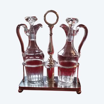 Superb oil and vinegar bowl in silver metal and crystal from Maison Christofle