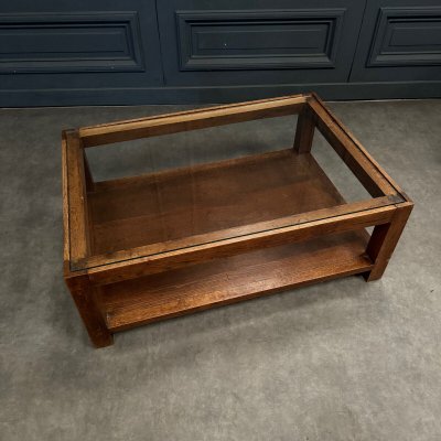 Table basse 1970 en chêne et plateau en verre travail français
