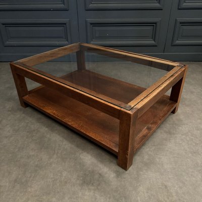 Table basse 1970 en chêne et plateau en verre travail français