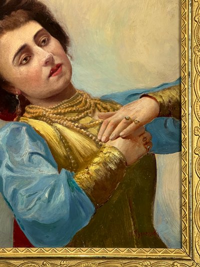 DIPINTO RUSSO / OLIO SU TAVOLA IN LEGNO CON CORNICE RAFFIGURANTE UN RITRATTO DI DONNA