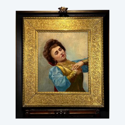DIPINTO RUSSO / OLIO SU TAVOLA IN LEGNO CON CORNICE RAFFIGURANTE UN RITRATTO DI DONNA