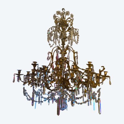 Lampadario Di Grandi Dimensioni In Bronzo Dorato E Nappe In Cristallo Baccarat
