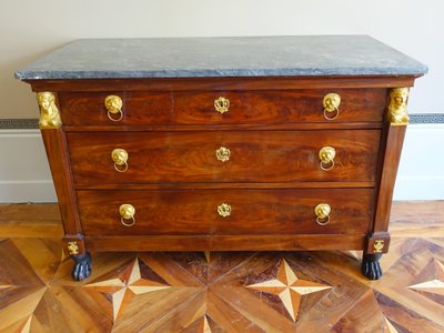 Consulat period mahogany chest of drawers, gilt bronze with mercury, cloverleaf lock & Turquin blue marble
