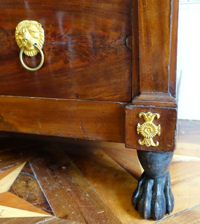 Consulat period mahogany chest of drawers, gilt bronze with mercury, cloverleaf lock & Turquin blue marble