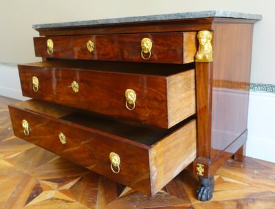 Consulat period mahogany chest of drawers, gilt bronze with mercury, cloverleaf lock & Turquin blue marble